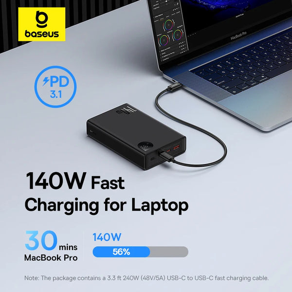 Baseus Power Bank 140W, 24000mAh - Batterie Portable avec 3 Ports de Sortie pour iPhone 16 Pro Max, Ordinateur Portable et Tablette.