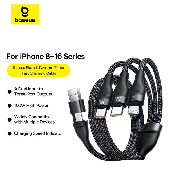 Baseus Câble USB-C 3 en 2 pour iPhone 16 15 Pro Max 100W - Câble USB Type-C pour Xiaomi, Huawei - Câble de chage rapide pour MacBook