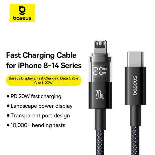 Câble USB-C 20W Baseus pour iPhone 14, 13, 12 avec affichage LED, câble USB Type-C pour iPad Pro, charge rapide et transfert de données.