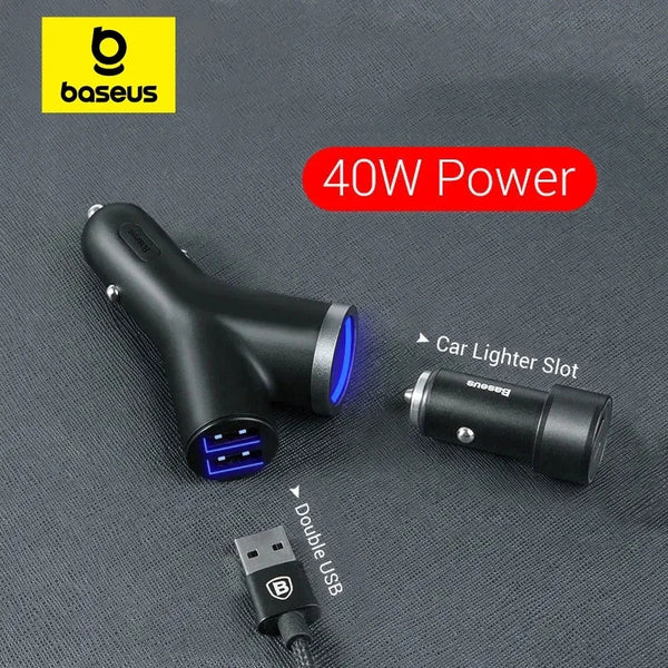 Chargeur de voiture Baseus 40W pour téléphone portable universel, double port USB pour allume-cigare de voiture, compatible avec tablette, GPS et 3 appareils.