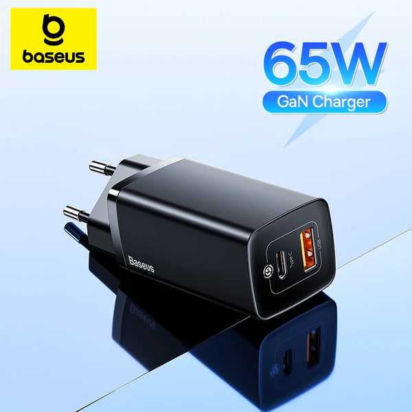Chargeur Baseus 65W GaN - Charge Rapide 4.0/3.0, Chargeur Type C PD, Chargeur USB pour iPhone 15, 14, 13, 12 Pro Max - Charge Rapide pour Ordinateur Portable.
