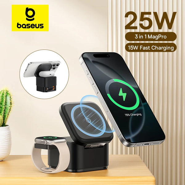 Chargeur sns fil 3 en 1 Baseus, station de charge rapide magnétique 15W pour bureau, compatible avec iPhone 16, 15, 14, 13, AirPods et Apple Watch.