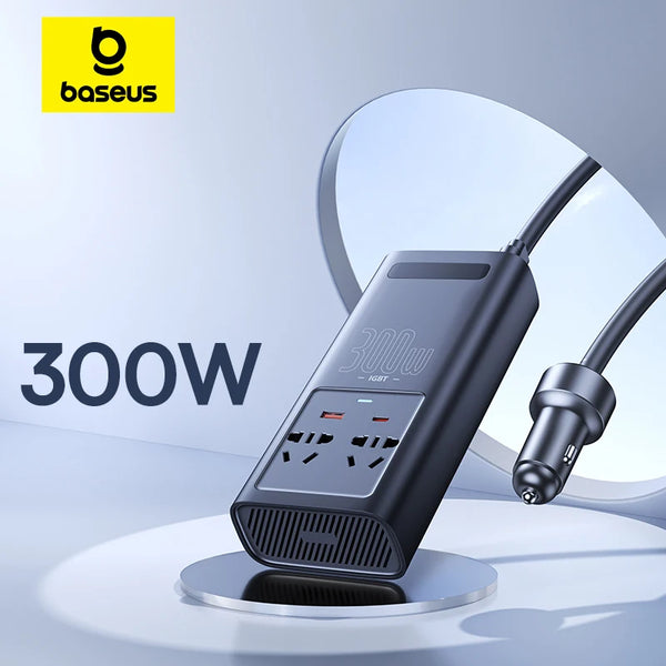 Baseus 300W Onduleur de voiture DC 12V à AC 220V Affichage numérique Inverseur de courant automatique Chargeur rapide USB Type C pour adaptateur de courant de voiture