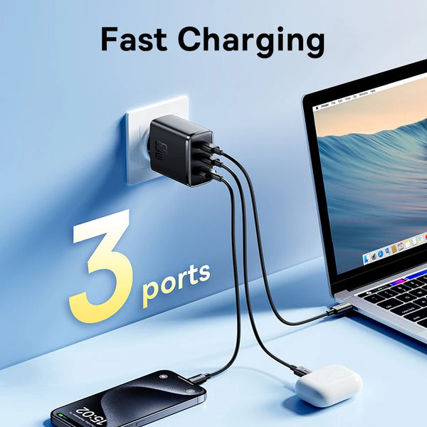 Chargeur Baseus 65W GaN PD Type-C et USB, compatible QC et PPS, charge rapide portable pour iPhone 16, 15, 14, 13 et ordinateurs portables.