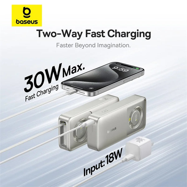 Baseus Power Bank 30W 10 000 mAh avec câble Type-C rétractable intégré, charge rapide pour iPhone 15 Pro Max, Xiaomi, Samsung.