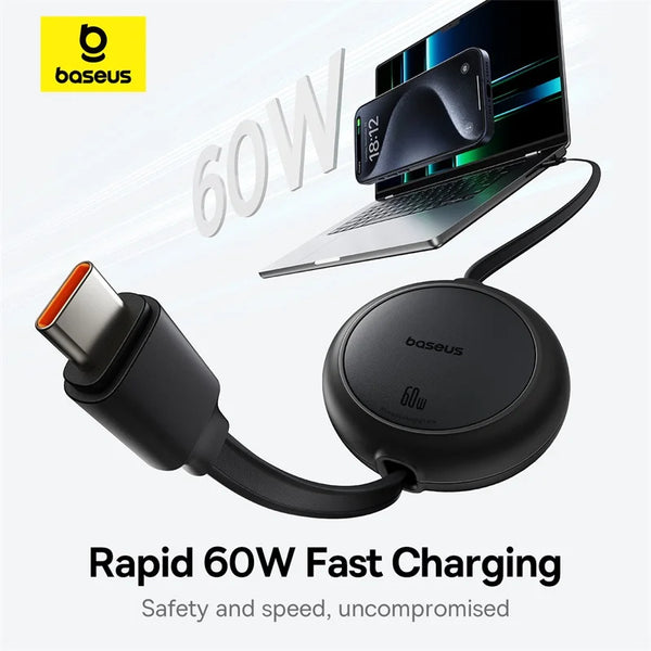 Baseus Câble USB C rétractable 60W pour iPhone 16, 15 Plus Pro Max, MacBook, iPad, Xiaomi