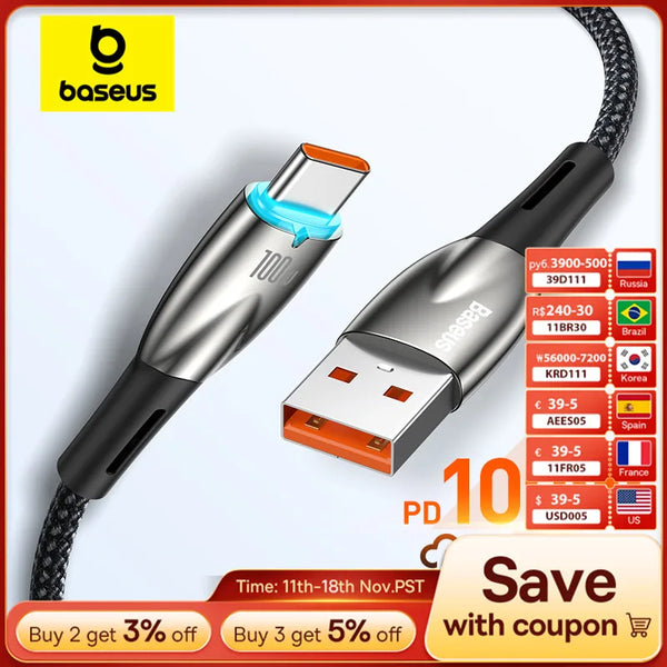 Baseus USB C Cable Smart Led Indicator 100W Fast Charging Data Cable Usb To Type-C 6A Mobile Phone Cord For Xiaomi Huawei Laptop