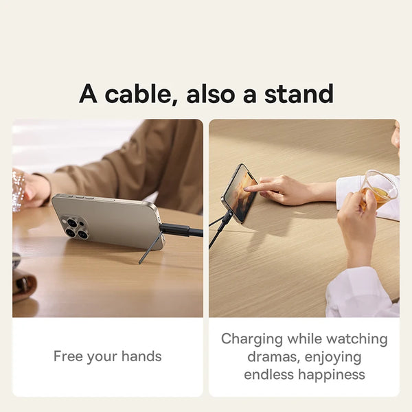 Câble USB-C 100W Baseus avec support pour téléphone, compatible avec iPhone 16/15 Pro Max, MacBook, iPad, Xiaomi, Type-C vers Type-C