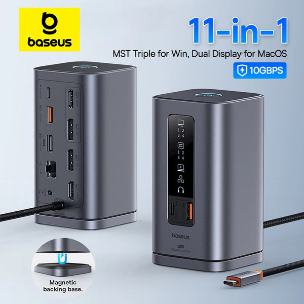 Baseus USB C to DP 4K@60Hz HDMI-Compatible DisplayPort 11-IN-1 Station d'accueil Triple affichage RJ45 PD100W pour ordinateur Hub USB 3.1