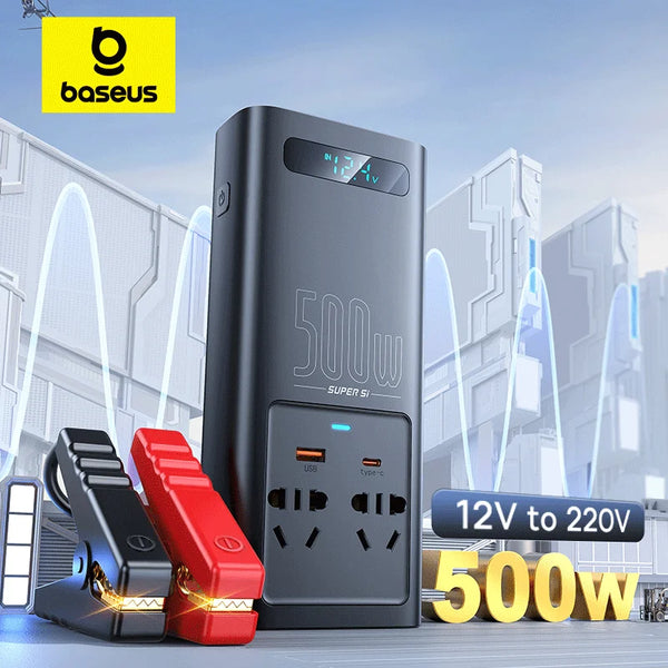 Baseus 500W Onduleur de voiture DC 12V à AC 220V Affichage numérique Inverseur de courant automatique Chargeur rapide USB Type C pour adaptateur de courant de voiture