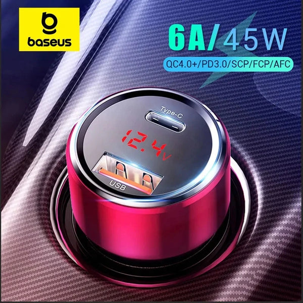 Chargeur de voiture Baseus 45W pour Xiaomi Huawei Supercharge SCP Samsung AFC Charge rapide PD USB C portable pour téléphone.