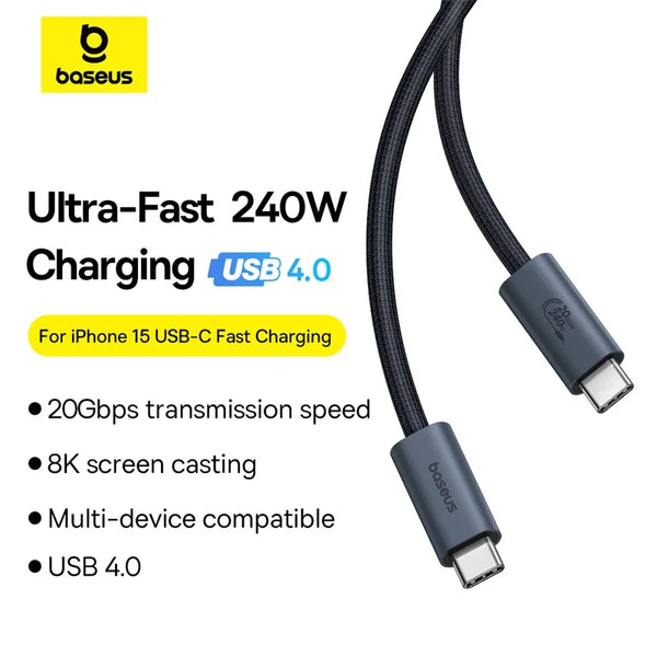 Baseus 240W Câble USB 3.1, USB-C pour iPhone 15 Pro Max, Câble de données Type-C vers Type-C, Câble USB-C pour MacBook