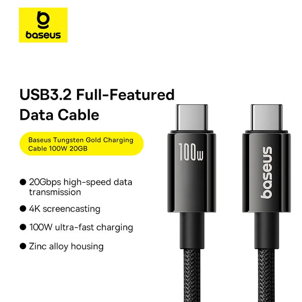Câble de données USB-C Baseus 20Gbps pour MacBook, câble de charge rapide 100W pour iPhone 16/15 Plus/Pro Max, Type-C vers Type-C