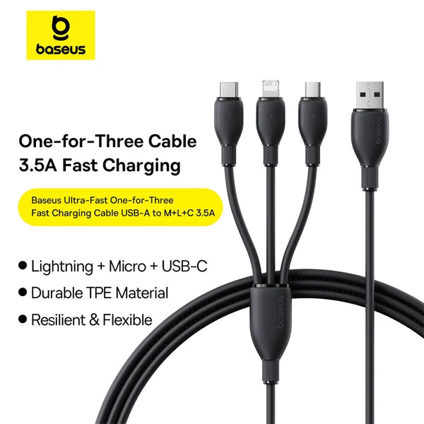Câble USB 3 en 1 Baseus pour Samsung Xiaomi Mi, câble Type C pour iPhone 14 13 12 X 11 Pro Max, chargeur Micro USB C