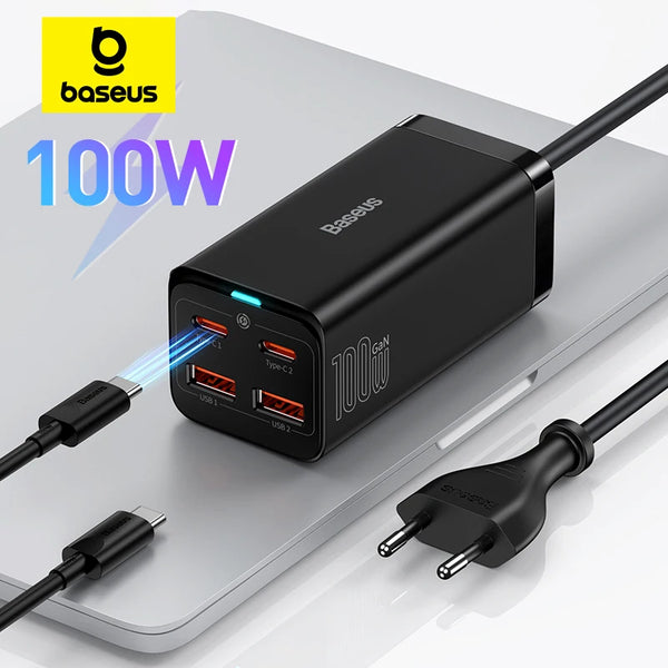 Chargeur Baseus 4 en 1, 100W, 65W de bureau pour ordinateur portable, iPhone 15, 14, 13, 12 Pro Max et Samsung.