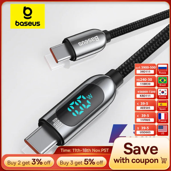 Baseus PD 100W/66W USB C Cable for iPhone 16 15 ProMax  MacBook Fast Charging Type C Cable For Xiaomi Samsung Data Wire Charging