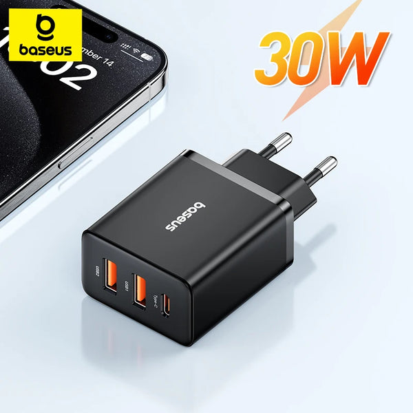 Chargeur USB Baseus 30, Charge Rapide pour iPhone 15, 14, 13, 12 Pro Max, Xiaomi, Samsung