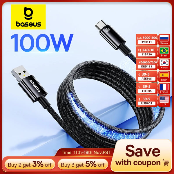 Baseus Magnetic USB Type C Cable For Huawei Xiaomi Samsung Super Charge 100W Fast Charging USB C Charger Data Cable Wire Cord