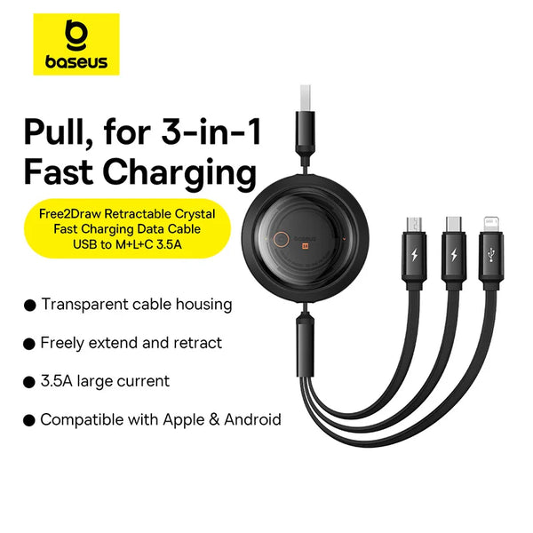 Câble de charge 3 en 1 Baseus USB pour iPhone 14, 13, 12, Micro USB, Type C, câble de charge rétractable pour iPhone X, 8, Samsung.