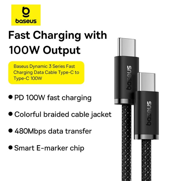 Câble Type-C Baseus 100W pour iPhone 16/15 Plus Pro Max, MacBook, Samsung, Xiaomi.