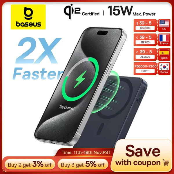 Baseus PicoGo Qi2 Magnetic Power Bank 5000mAh with Kickstand Rotable Stand 15W Fast Wireless Charging for iPhone 12-16 Pro Max