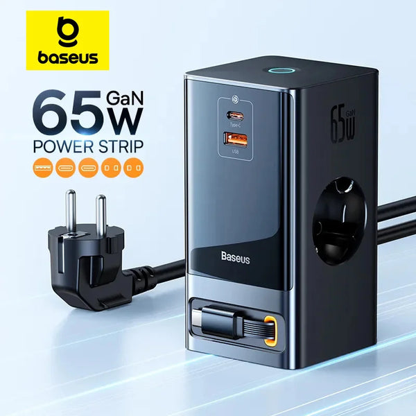 Baseus Multiprise 65W avec prise US, 3 prises CA et ports USB-C, multiprise GaN avec contrôle tactile intelligent, station de bureau et chargeur rapide pour iPhone et ordinateur portable.