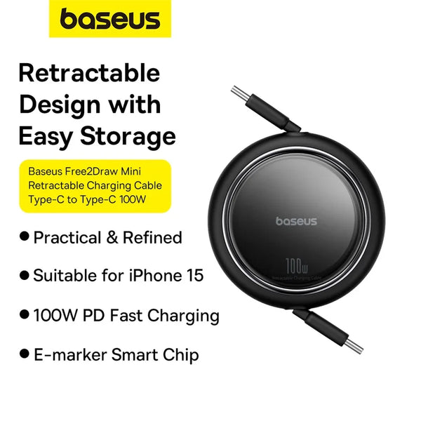 Baseus Câble USB-C Rétractable 100W pour iPhone 16 15 ProMax, Câble de Charge Rapide pour MacBook, iPad, Type-C, Xiaomi, Samsung