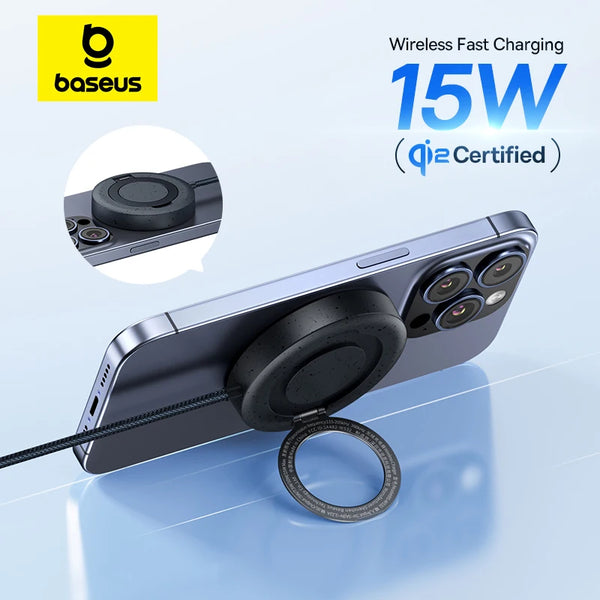 Chargeur sans fil magnétique Baseus 15W certifié Qi2 avec charge rapide et support intégré pour iPhone 16 15 14 13 Pro Max.