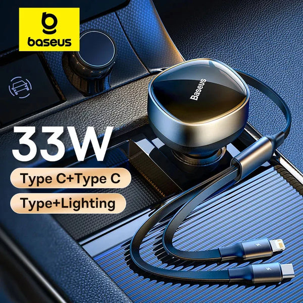 Chargeur de voiture 2-en-1 Baseus Câble rétractable 30W/33W pour téléphone Xiaomi, iPhone