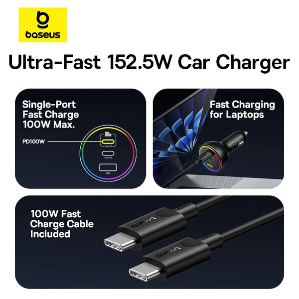 Chargeur de Voiture Baseus 152,5W - USB Type-C pour iPhone 16, iPhone 15, Samsung, Xiaomi, Ordinateurs Portables et Tablettes