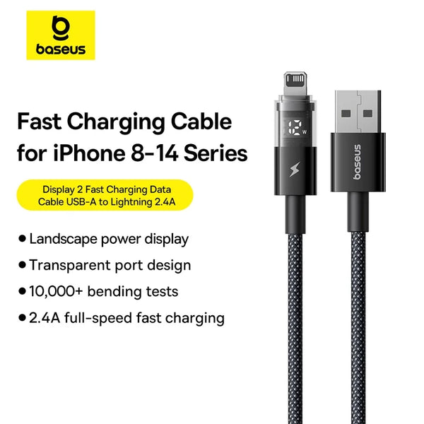 Câble USB Baseus 2.4A pour iPhone 14, 13, 12 avec affichage LED – Câble USB pour iPad Pro, charge rapide et transfert de données, compatible avec iPhone 7 et 6S.