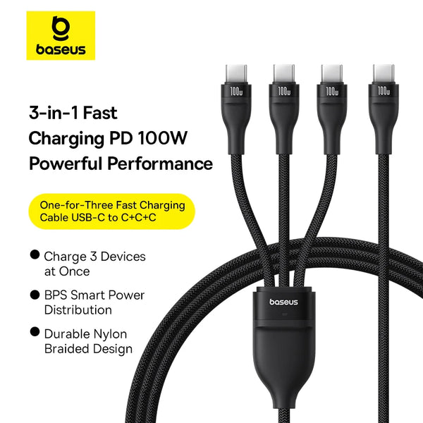 Câble USB 3 en 1 Baseus 6A 100W Câble de chargement USB C pour iPhone 16 15 Câble Type C pour MacBook Air Câble de données pour Samsung Xiaomi