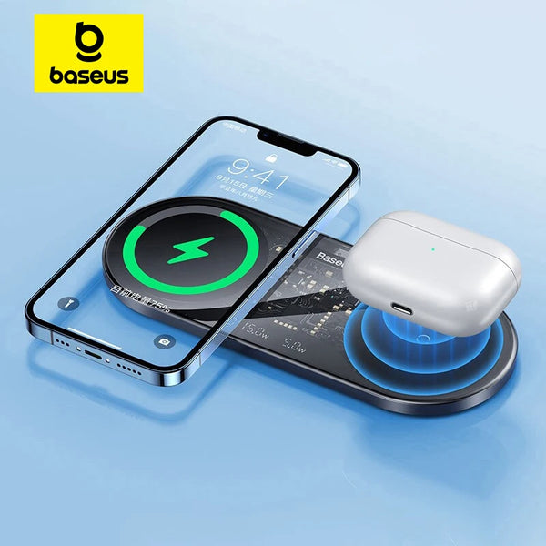 Baseus Chargeur Sans Fil Double 20W pour iPhone 16, 15, 14, AirPods Pro, Charge Rapide Qi pour Samsung, Xiaomi 12 Pro, Station de Charge.