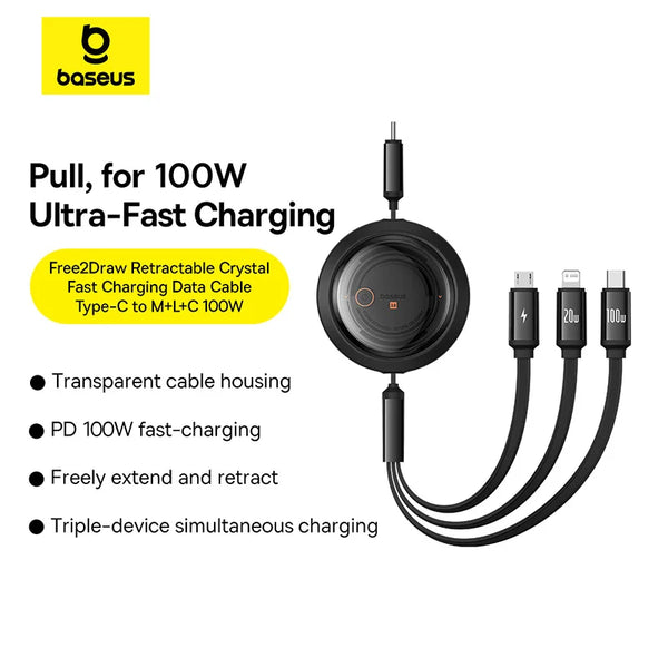 Baseus Retractable 100W 3 in 1 Fast USB Cable for Macbook iPad Portable 3 in 1 Type C Charger Cable For iPhone 16 15 Samsung