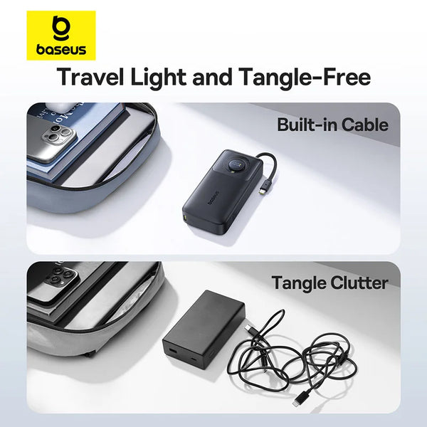 Baseus Power Bank 65W 20000mAh à Charge Rapide avec Câble Type-C Rétractable Intégré pour Ordinateurs Portables, iPhone 16 et 15 Pro Max