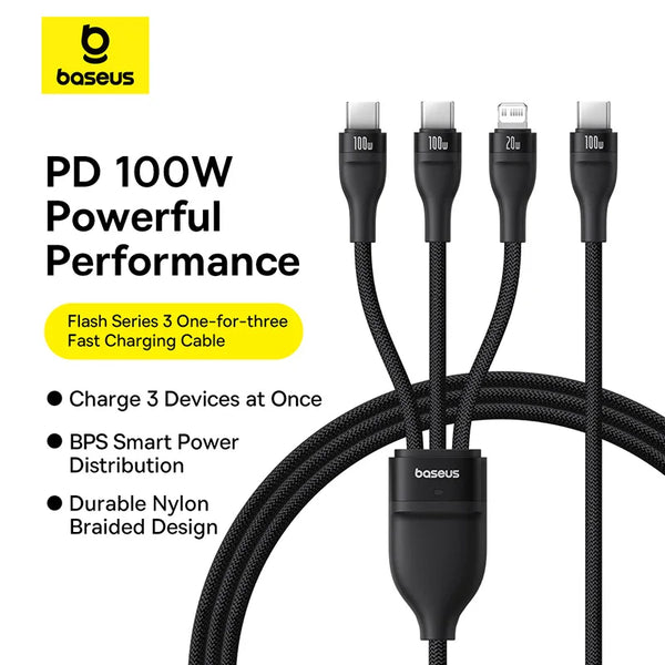 Baseus Câble USB Type-C 3 en 1 pour iPhone 16 15 14 13 Pro, Câble de Charge 100W pour MacBook, Samsung, Xiaomi