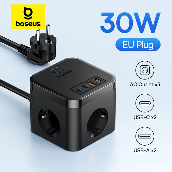 Baseus 30W Chargeur Rapide Bande d'Alimentation 3AC Station de Chargement de Bureau Avec Surge Protection Foudre Pour iPhone 15 14 Tablettes