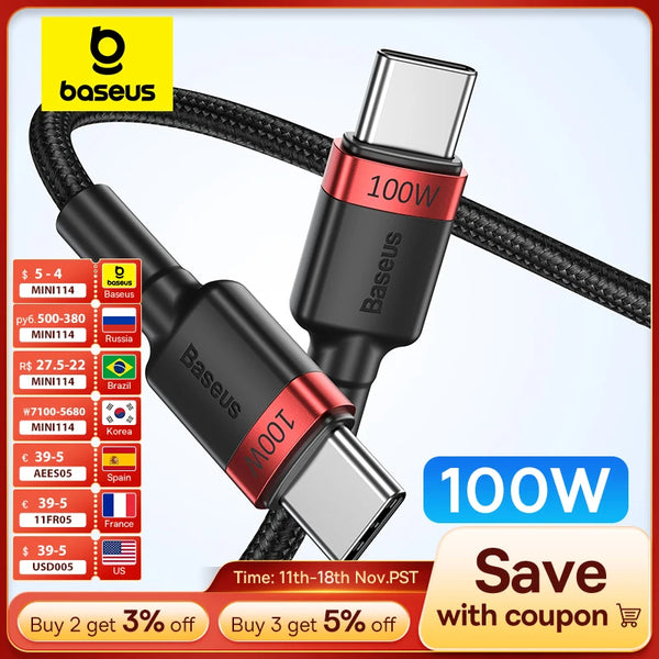 Baseus USB C to USB Type C Cable For iPhone 16 15 Pro Max MacBook Pro 100W Quick Charge Fast Charging for Samsung Xiaomi mi 10