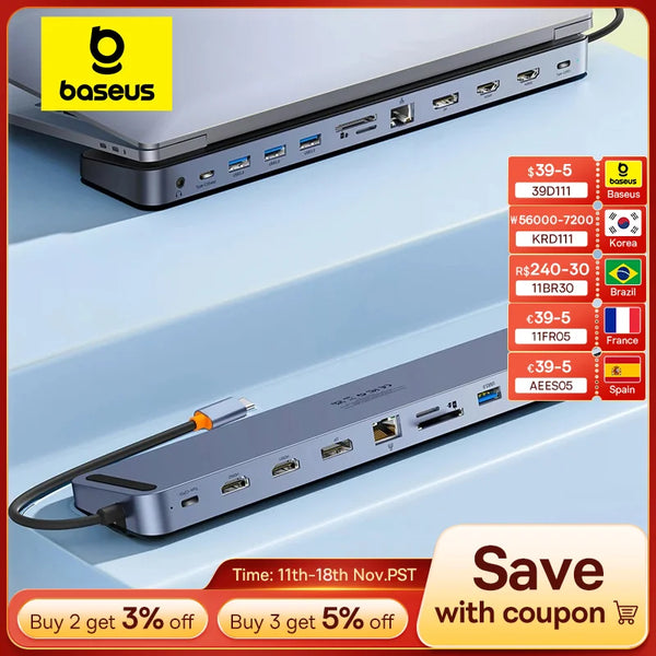 Baseus Hub USB-C 12-en-1 avec Support : Affichage DP 4K, 60Hz, Double HDMI, Port RJ45 1000 Mbps, USB 3.0 (5 Gbps), Lecteur de Cartes TF/SD, Prise Jack 3,5 mm.