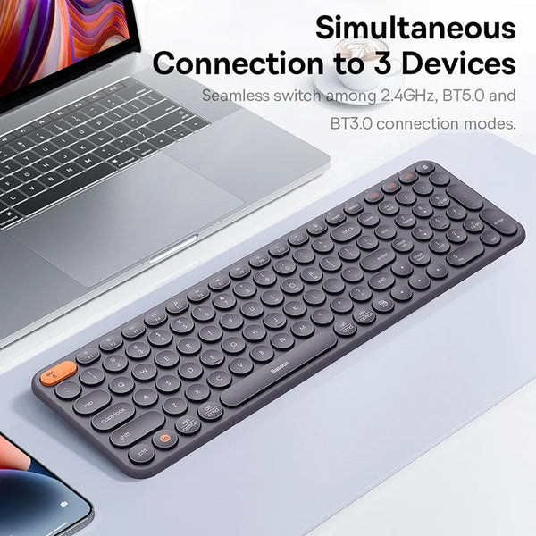 Clavier sans fil Baseus 3 modes Bluetooth 5.0/3.0/2.4G USB, connexion multi-appareils, ergonomique et silencieux, compatible avec iOS/Mac/Windows.