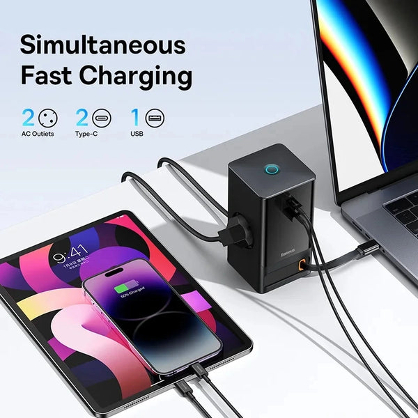 Chargeur rapide Baseus 65W GaN, multiprise de bureau numérique avec 2 prises AC, contrôle à distance via application, pour iPhone 16, 15, 14, Samsung, tablette et ordinateur portable