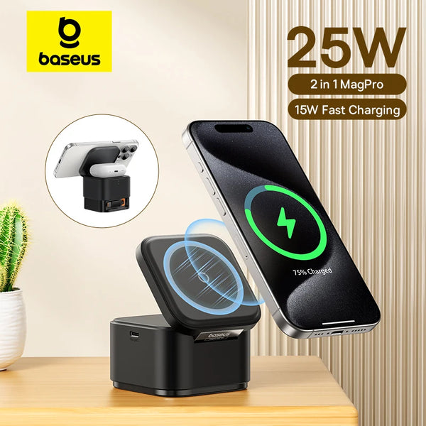 Baseus 25W 2 in 1 Magnétique Chargeur sans fil Station d'accueil 15W Chargement rapide avec câble rétractable Pour iPhone15 14 Airpod